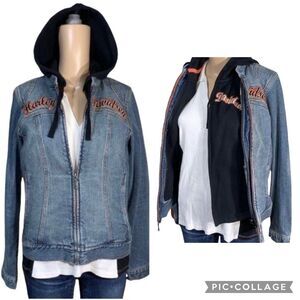 Harley Davidson Womens Denim Jean Jacket and Vest Convertible Hooded Small